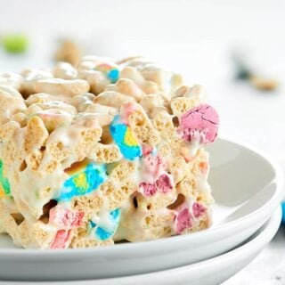 I love these Lucky Charms Marshmallow Treats, because they're crunchy, they're a little salty, so buttery, and hello, there are TWO kinds of marshmallows! showmetheyummy.com #ricekrispietreats #luckycharms