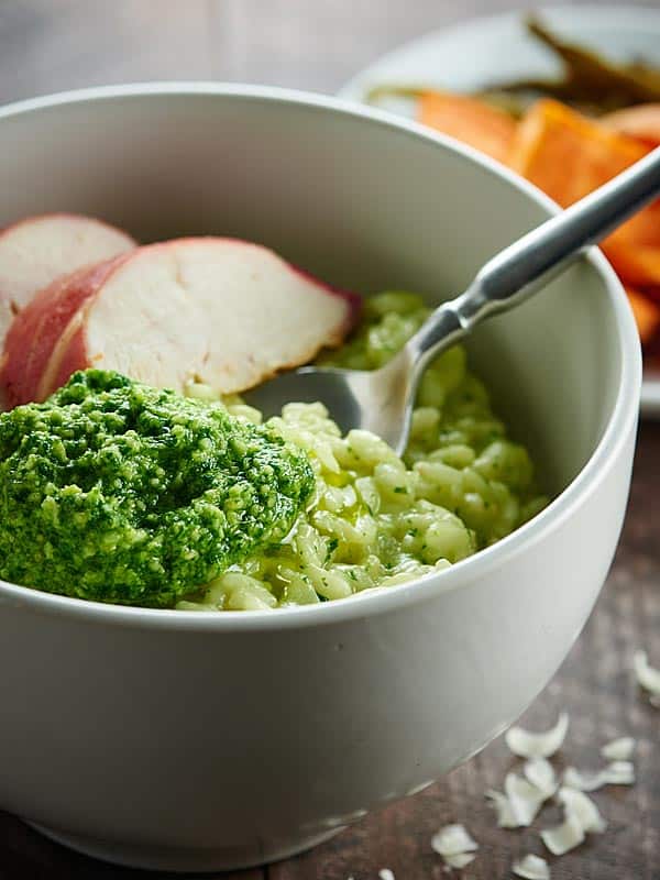 pesto risotto in bowl