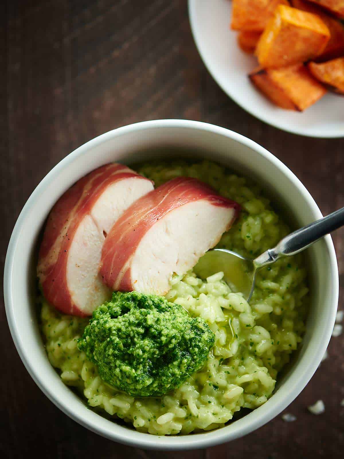 Pesto Risotto with Roasted Chicken and Vegetables