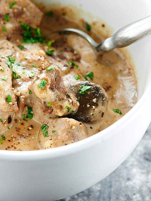 Closeup of beef stroganoff in a bowl