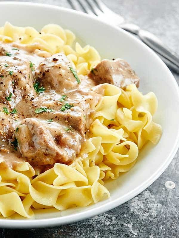Close up of crock pot beef stroganoff on a plate