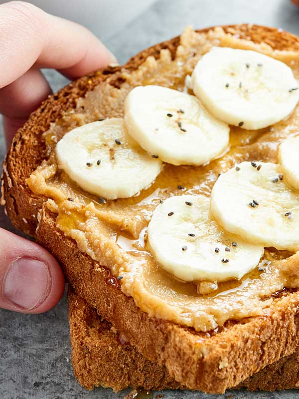 cashew butter on toast with sliced banana