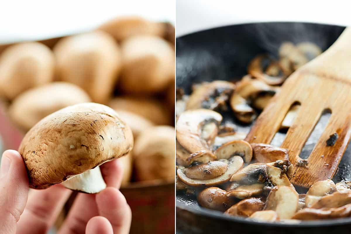 two pictures: mushroom held and sliced mushrooms cooked in skillet