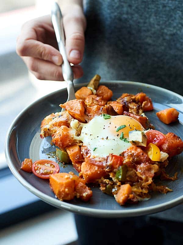 SCRAMBLED EGGS w SWEET POTATO HASH + BACON