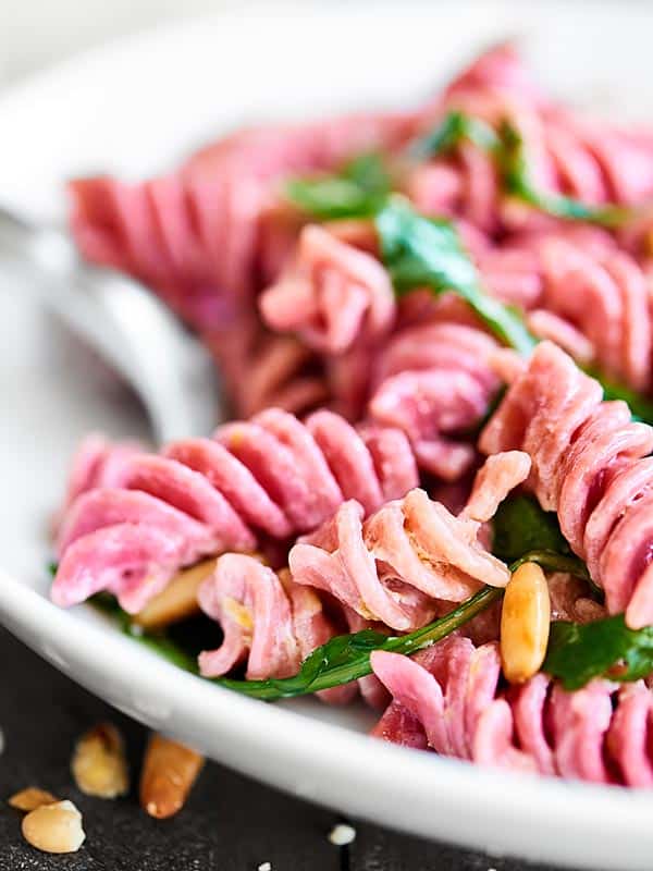 closeup of beet pasta