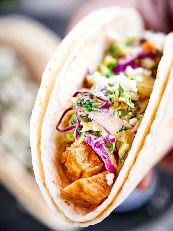 Grilled BBQ Chicken Tacos Recipe - w/ Avocado Lime Slaw