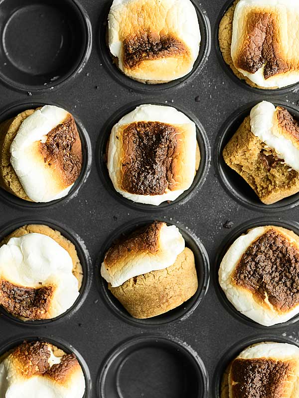 smores cookie cups in muffin tin above