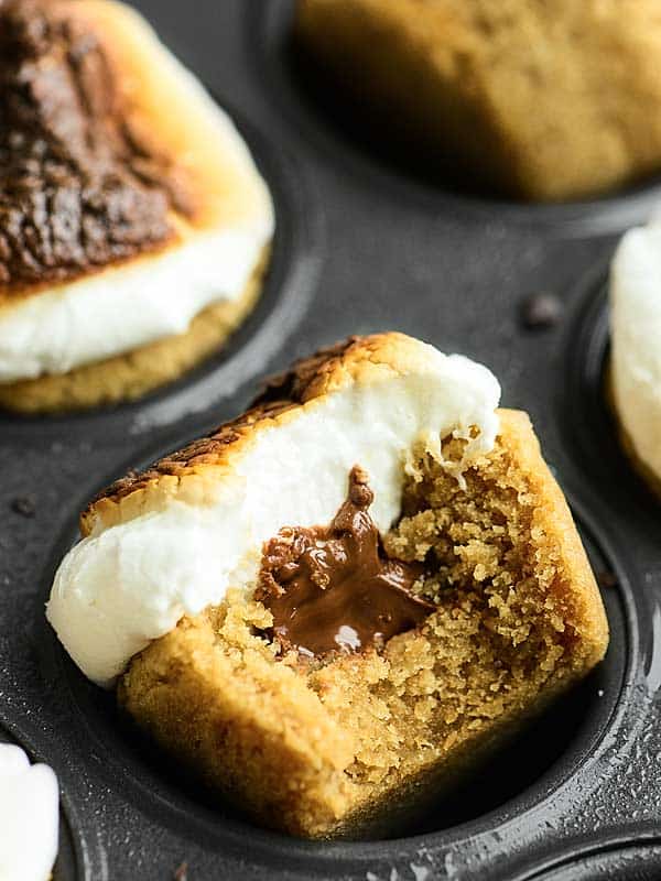 smores cookie cups in muffin tin closeup