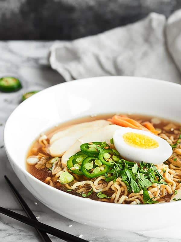 Bowl of slow cooker ramen noodles side view