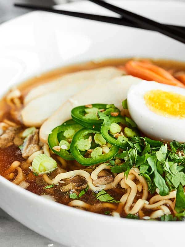 Closeup of bowl of ramen from the side