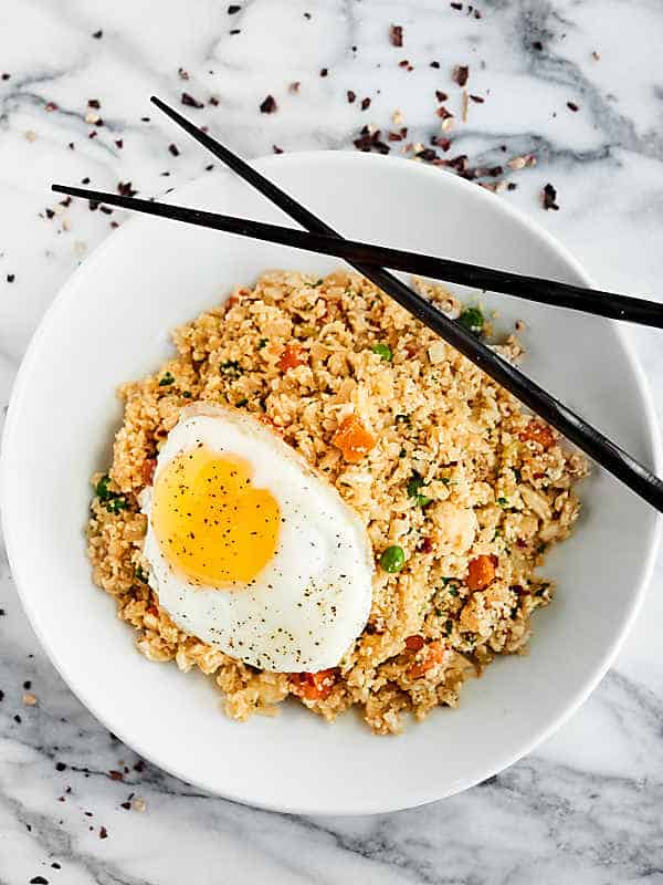cauliflower fried rice in bowl above