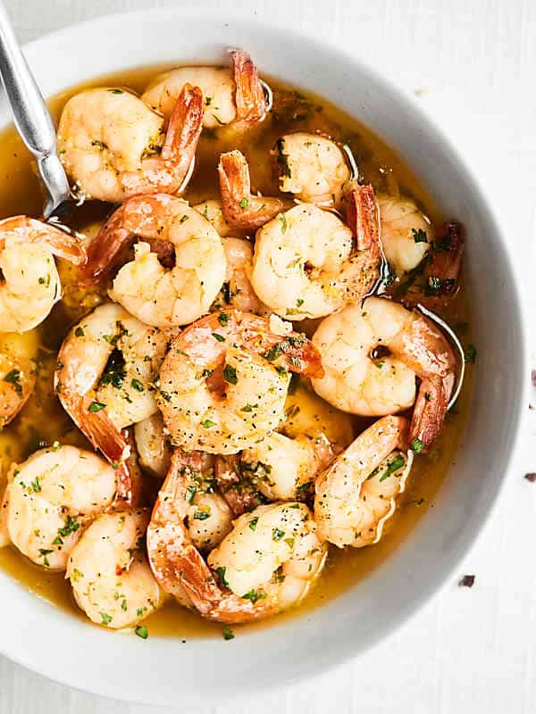 bowl of shrimp scampi above