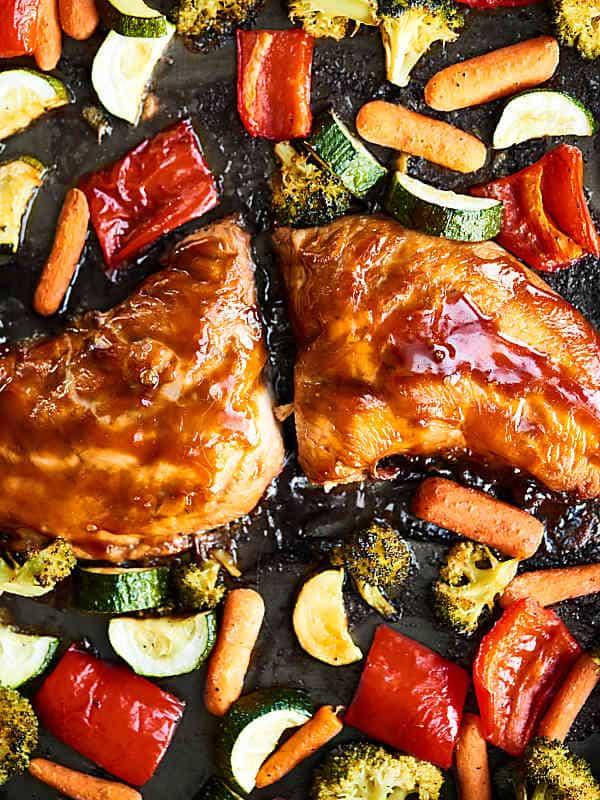 Veggies and turkey breast roasted on a sheet pan