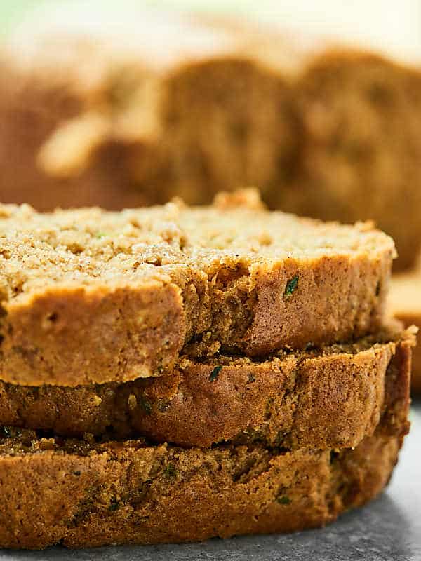 3 pieces of vegan zucchini bread stacked