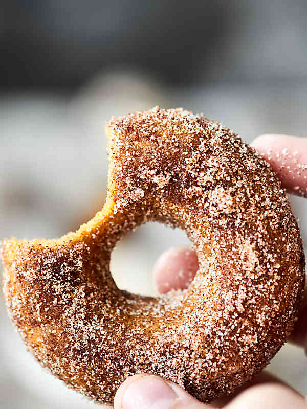 cinnamon sugar baked pumpkin donut with bite out held