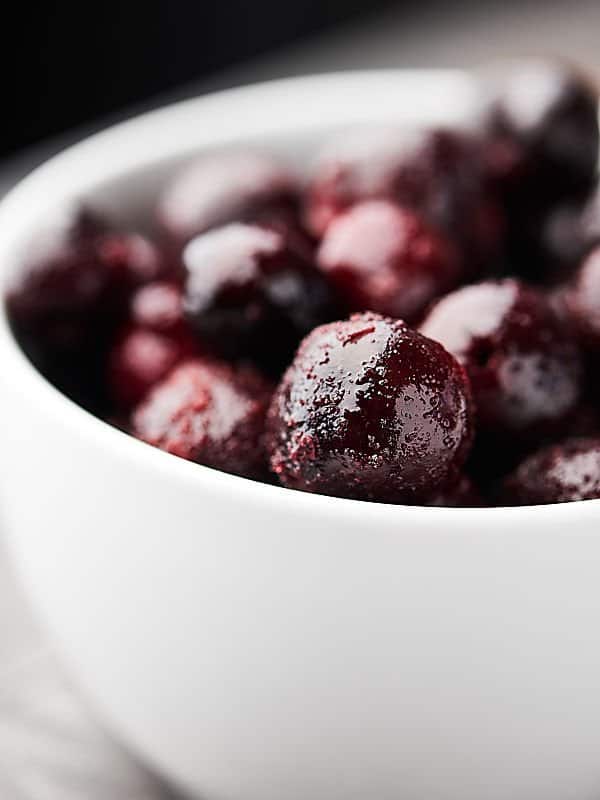bowl of frozen cherries up close