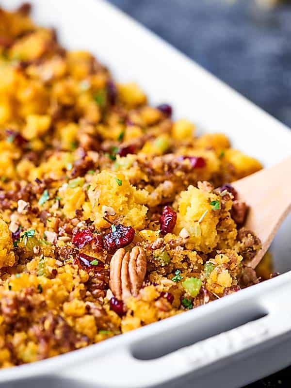 cornbread dressing in baking dish