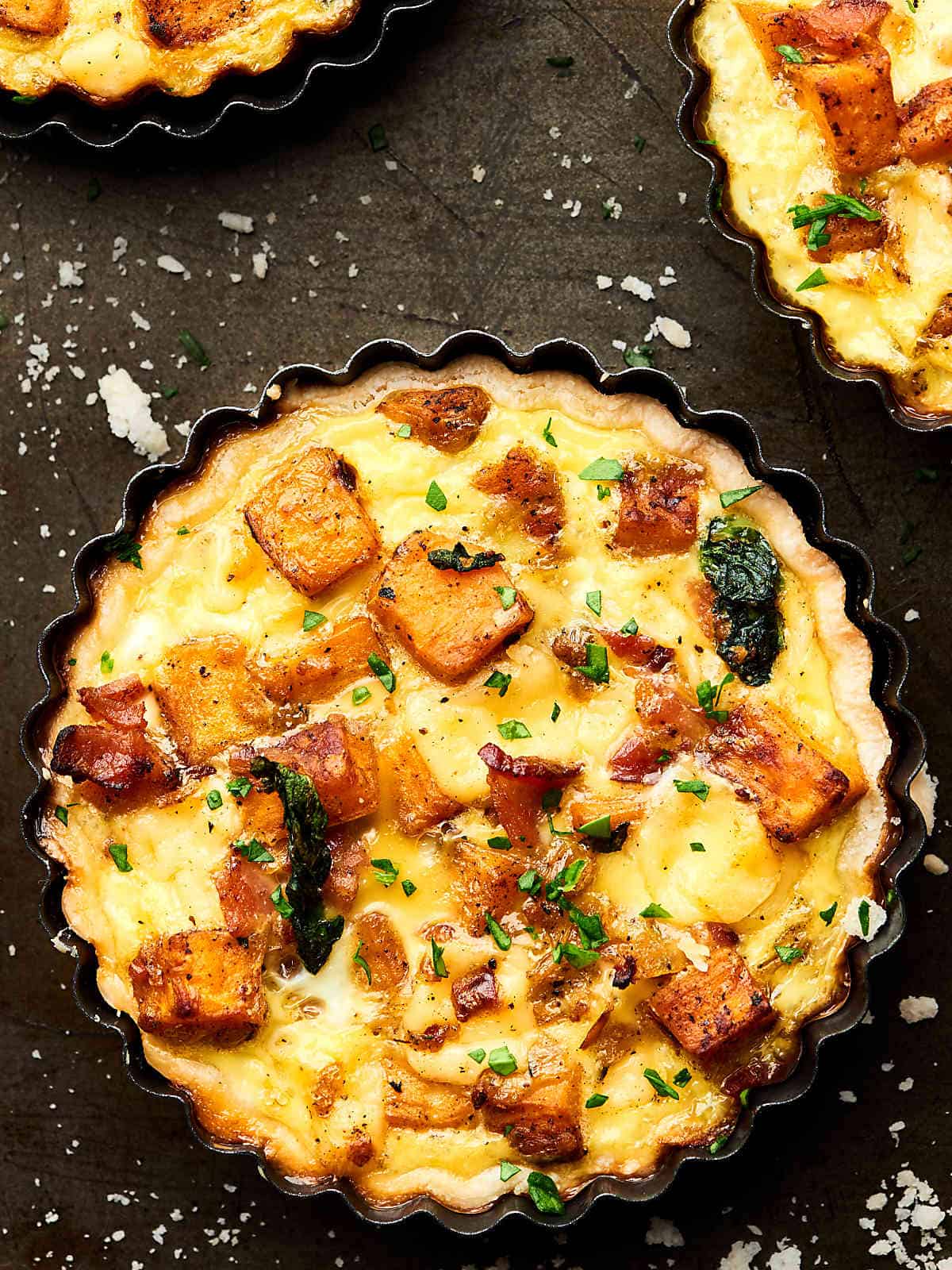 Easy Cheesy Bacon Breakfast Tart Recipe w/ Sweet Potatoes & Spinach