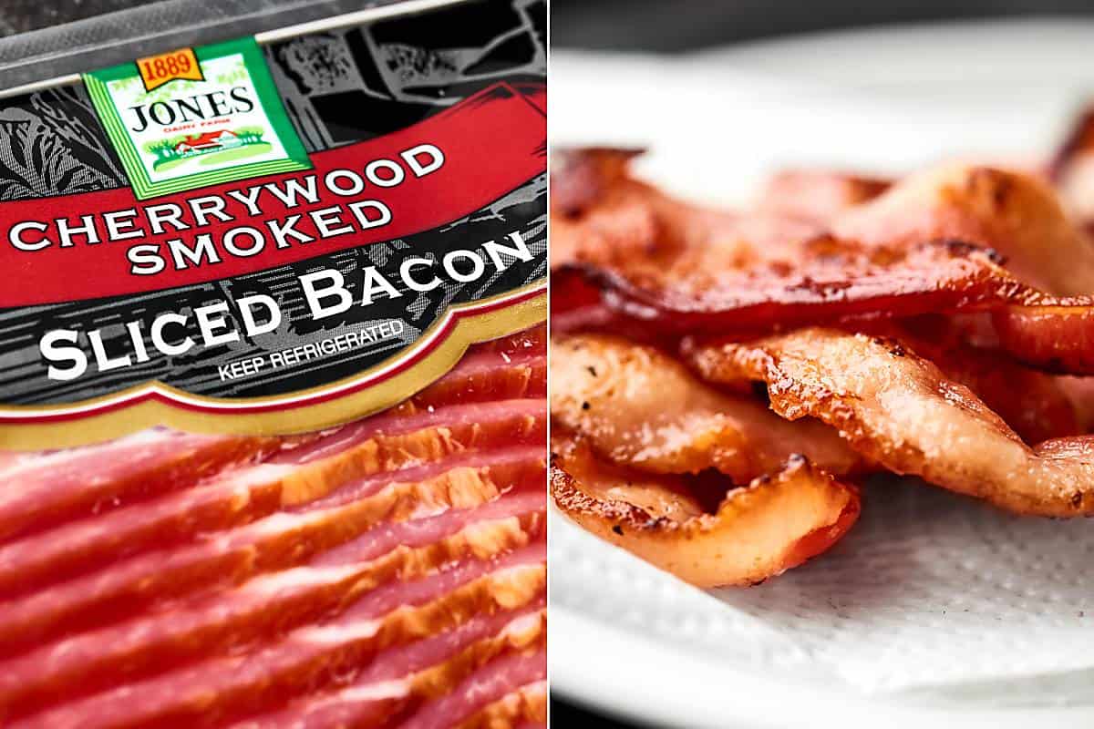 two pictures: bacon package and cooked bacon