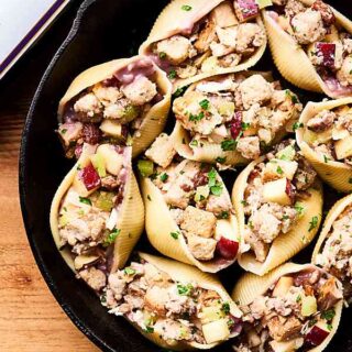 #ad Leftovers just got a makeover with these Holiday Stuffed Shells! Leftover potatoes, stuffing, and turkey get smothered in a red wine mushroom gravy and stuffed into pasta shells! showmetheyummy.com Made in partnership w/ @barefootwine #thanksgivingrecipe #holidayrecipe