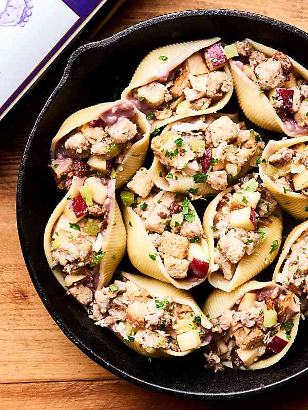 holiday stuffed shells in skillet above