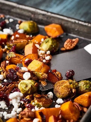 Roasted Fall Vegetable Pasta Recipe Squash Brussels Sprout Goat Cheese