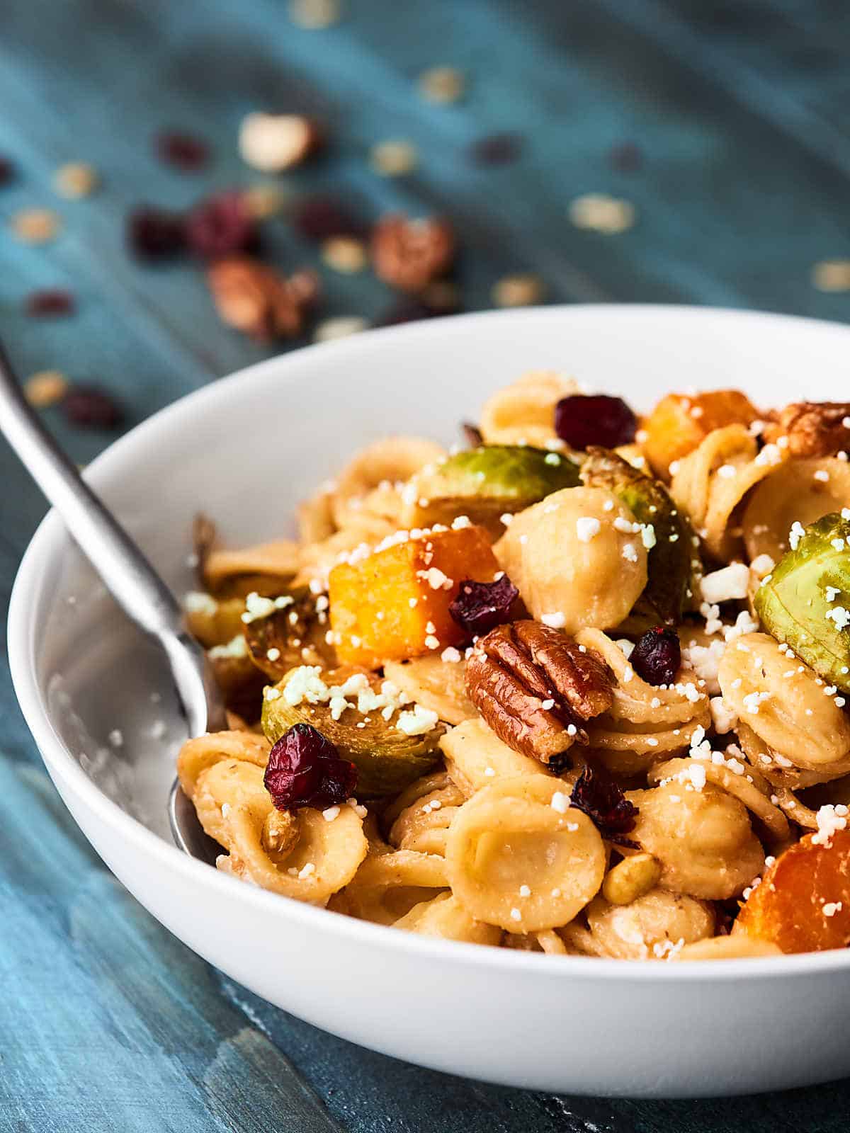 Roasted Fall Vegetable Pasta Recipe - Squash, Brussels Sprout, Goat Cheese