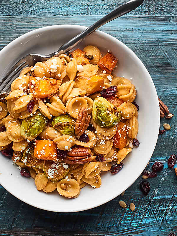 bowl of roasted fall vegetable pasta above