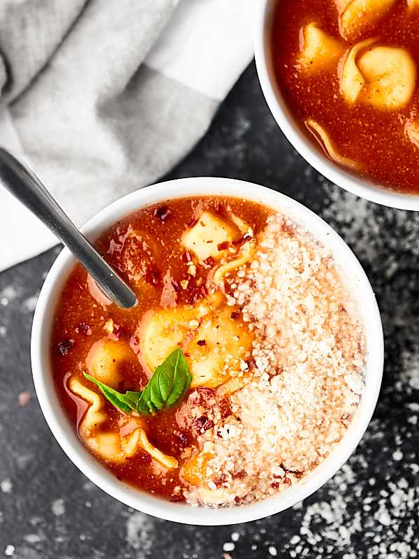 crockpot tomato tortellini soup in bowl above