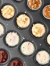 This Easy Microwave Fudge Recipe can be made into FOUR different flavors: peppermint, chocolate, turtle, and maple! Made in a mini muffin tin to make the perfect bite sized treats. showmetheyummy.com #microwavefudge #christmascandy