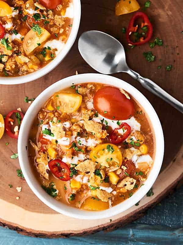 bowl of turkey taco chili above