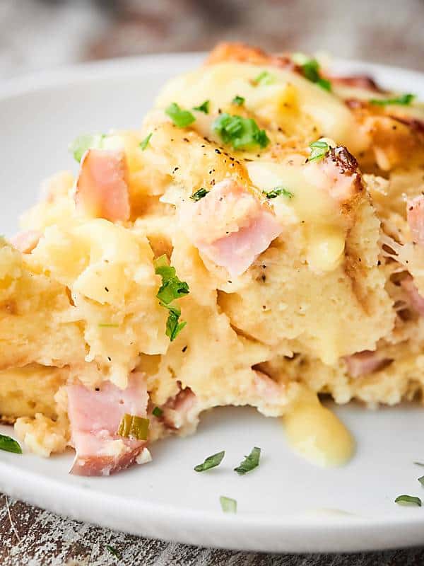 Hawaiian eggs Benedict casserole on plate