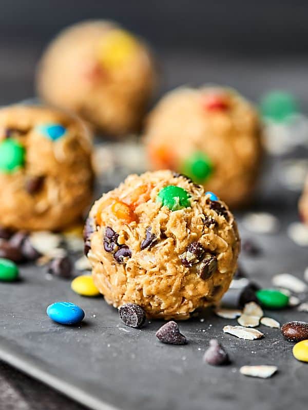 monster cookie bites on baking sheet