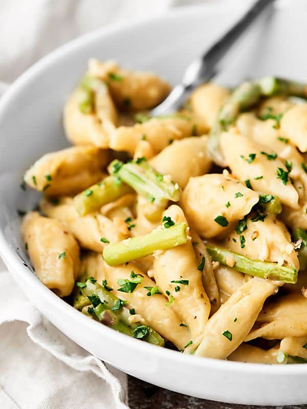 Closeup of spring pasta in bowl