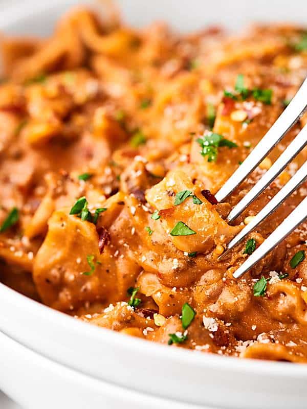 closeup of fork in lasagna