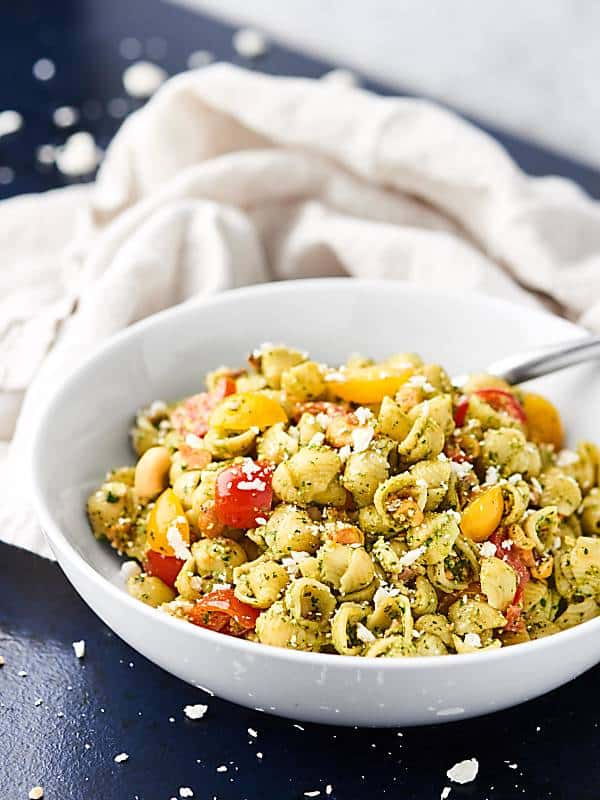 pesto pasta salad in bowl