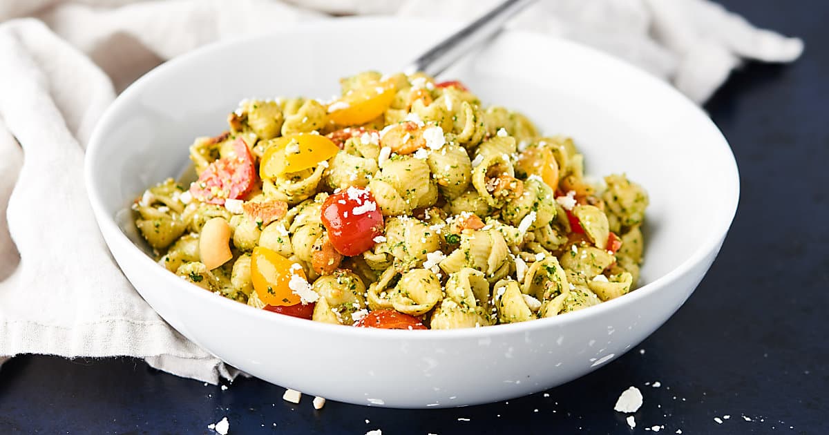 Pesto Pasta Salad w/ Bacon, Feta, and Cashews