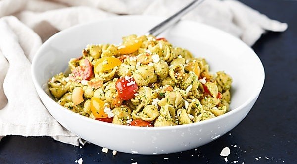 Pesto Pasta Salad - w/ Bacon, Feta, and Cashews