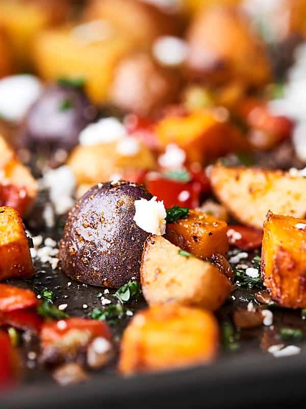 closeup of roasted breakfast potatoes on baking sheet