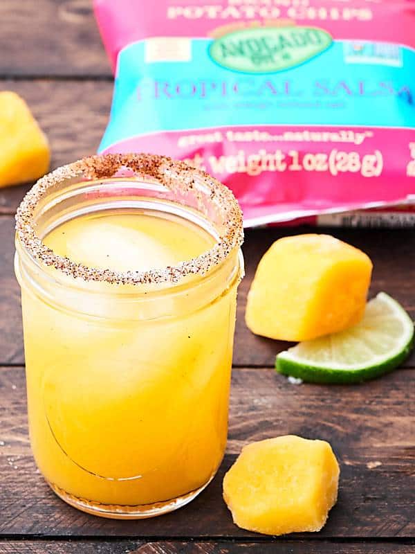 spicy mango margarita with bag of tropical salsa kettle chips