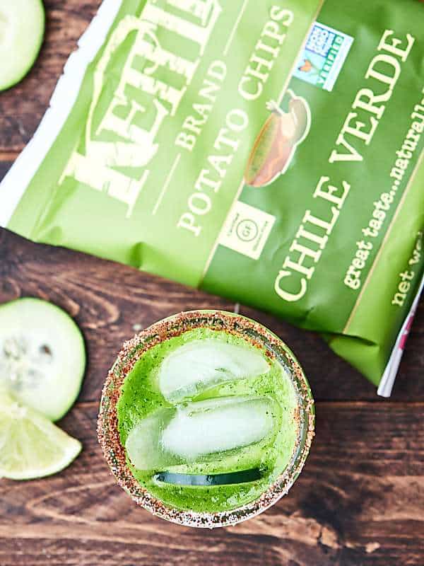 cucumber chili margarita with bag of chili verde kettle chips