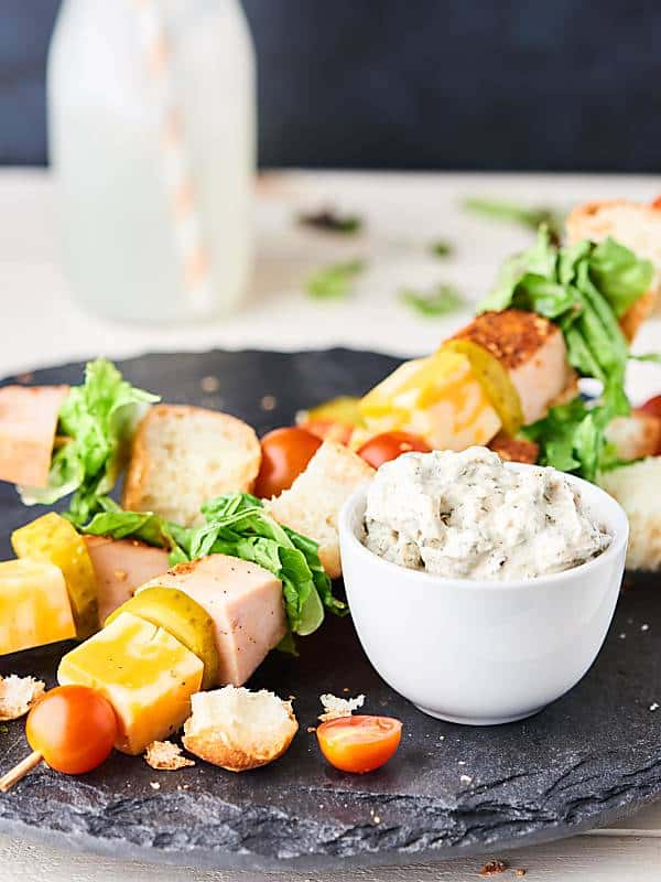 sandwich kebabs with bowl of dip