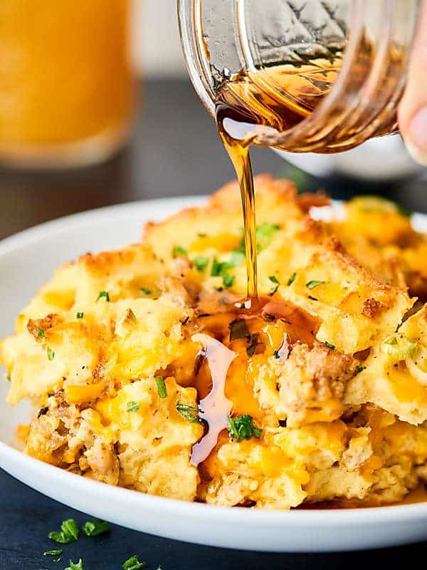 #ad This Waffle Sausage Breakfast Casserole requires minimal prep and is loaded with waffles, sausage, eggs, cheese, and maple syrup! showmetheyummy.com @Krogerco #FreezerFreshIdeas