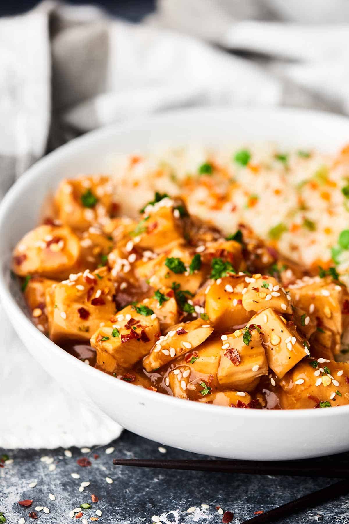 Crockpot sesame chicken in bowl