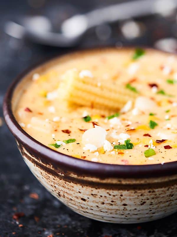 bowl of corn chowder side view