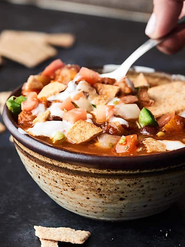 Bowl of chili with spoon