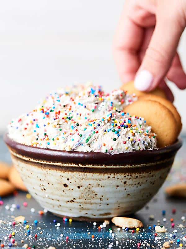 nilla wafers in bowl of funfetti cake batter dip