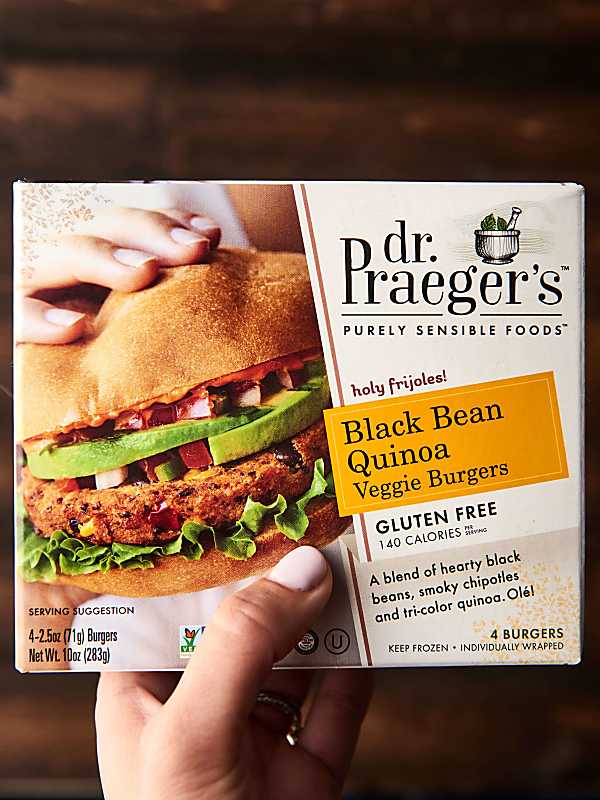 black bean quinoa veggie burgers box held