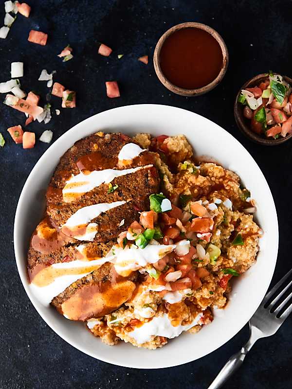 vegetarian enchilada bowl above