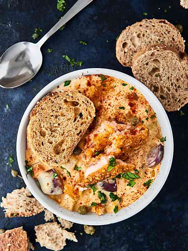 chipotle salmon chowder bowl above